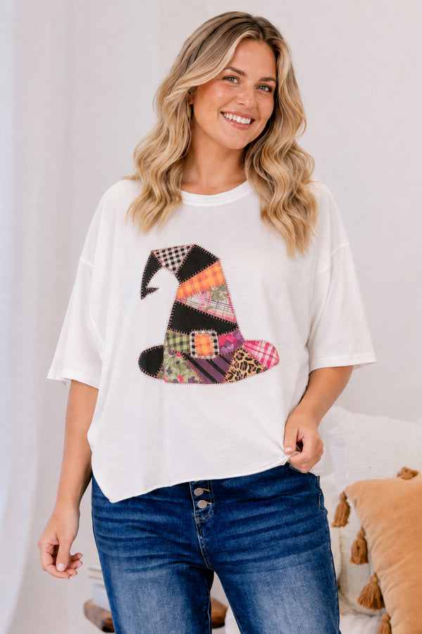 Chic Soul plus size clothing, white relaxed fit tee with patchwork patterned witches hat graphic in the center