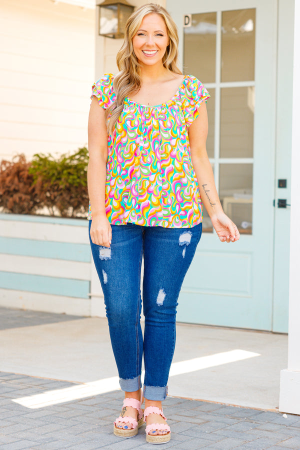 Chic Soul plus size clothing, vibrant multicolor abstract pattern top with flutter sleeves