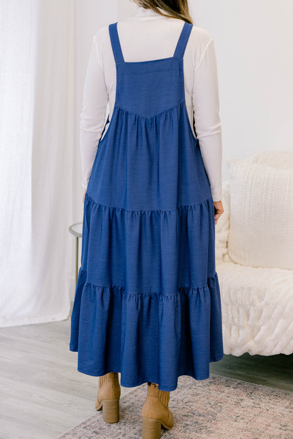 Chic Soul plus size clothing, dark denim tiered maxi dress with an overall look