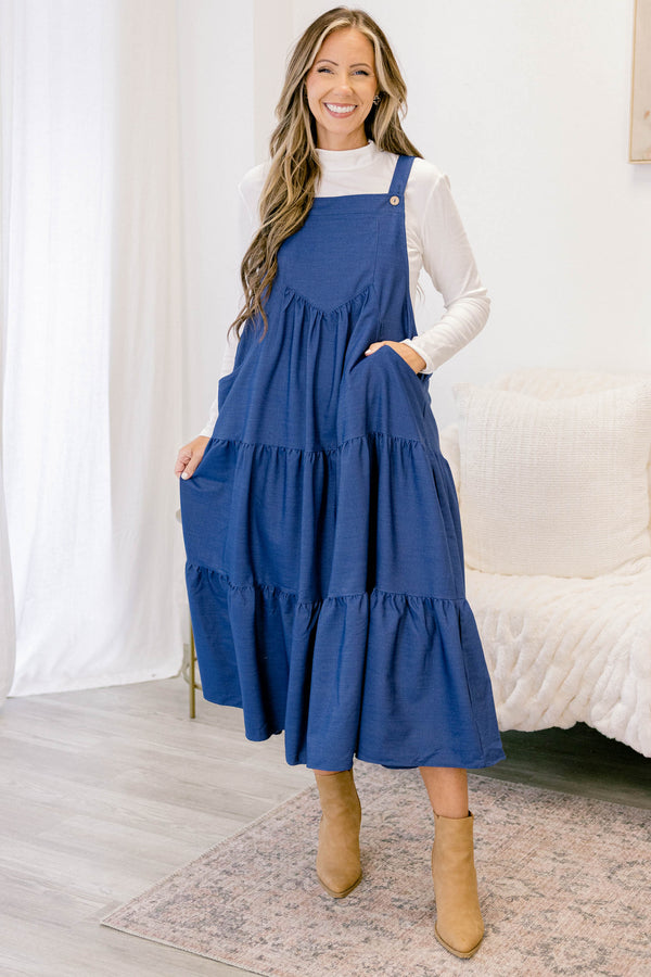 Chic Soul plus size clothing, dark denim tiered maxi dress with an overall look