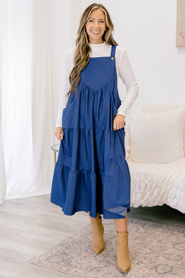 Chic Soul plus size clothing, dark denim tiered maxi dress with an overall look