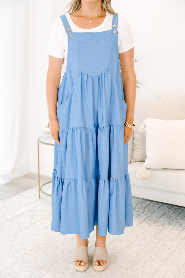Chic Soul plus size clothing, denim blue overall midi tiered dress with pockets and button shoulder straps