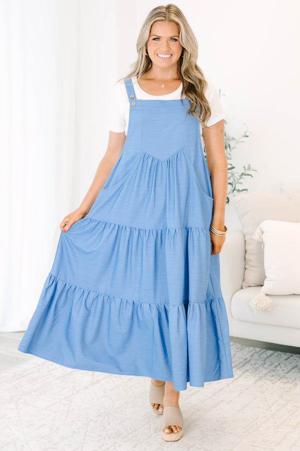Chic Soul plus size clothing, denim blue overall midi tiered dress with pockets and button shoulder straps