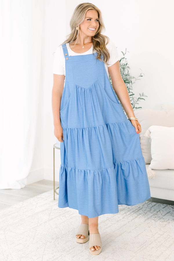 Chic Soul plus size clothing, denim blue overall midi tiered dress with pockets and button shoulder straps