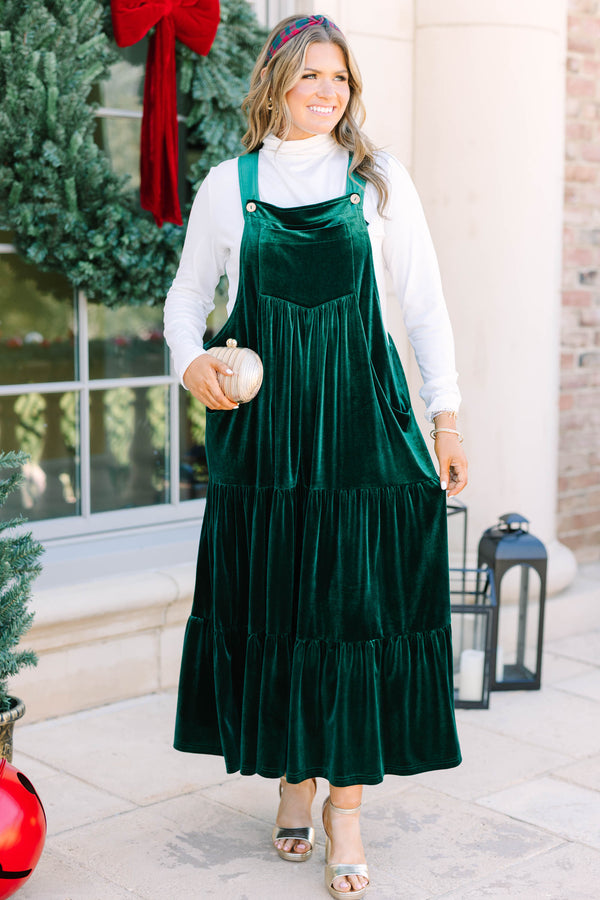 Plus size hunter green velvet tiered overall dress with a flowy fit and pockets.