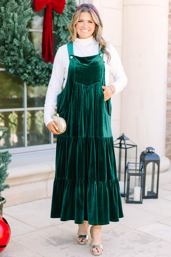 Plus size hunter green velvet tiered overall dress with a flowy fit and pockets.