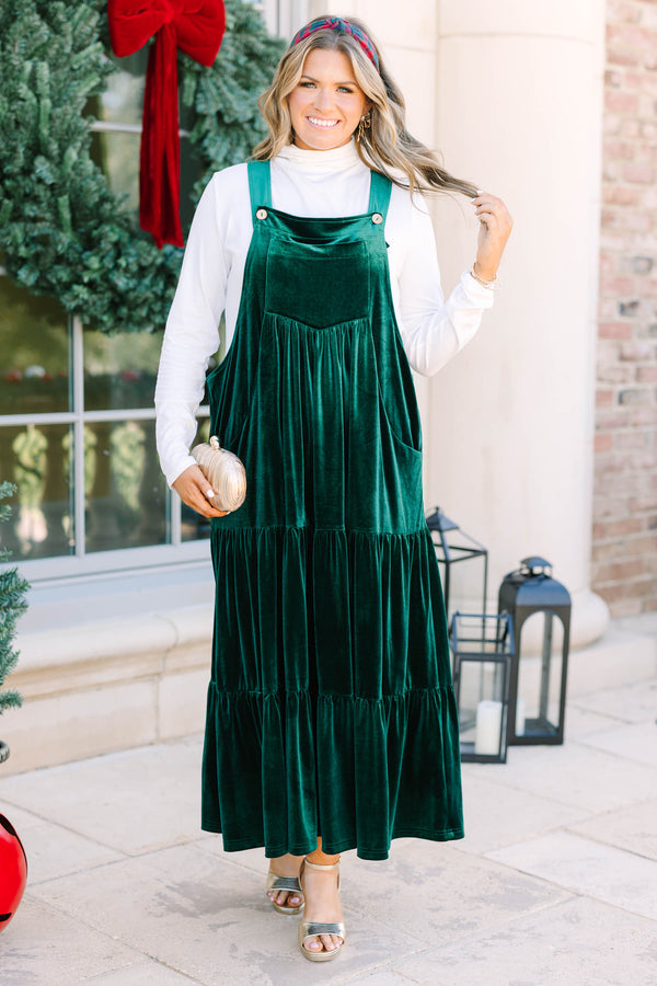 Plus size hunter green velvet tiered overall dress with a flowy fit and pockets.