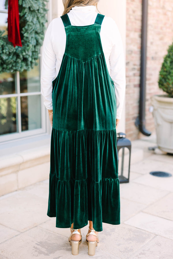 Plus size hunter green velvet tiered overall dress with a flowy fit and pockets.