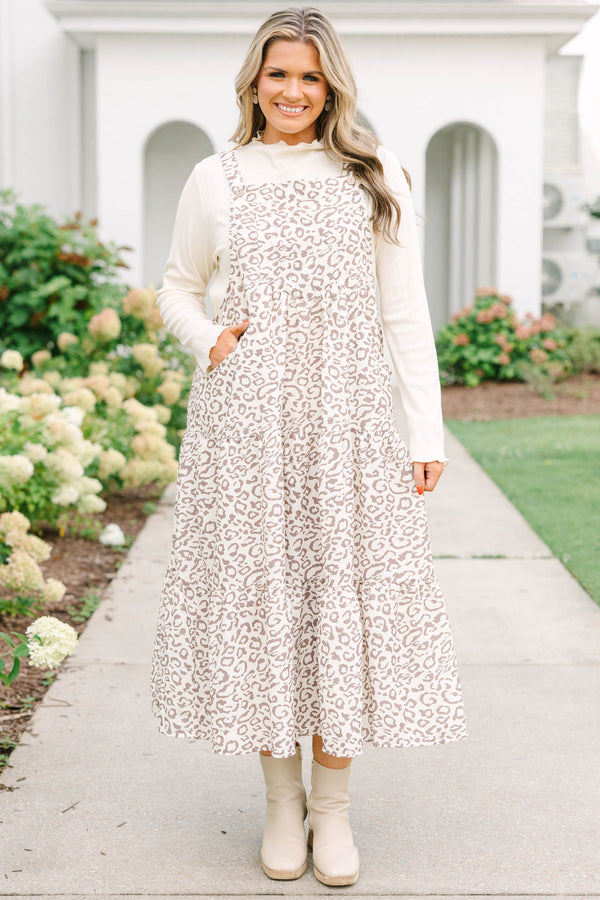 Plus Size light brown leopard print midi dress with a tiered skirt, pinafore style, and pockets.