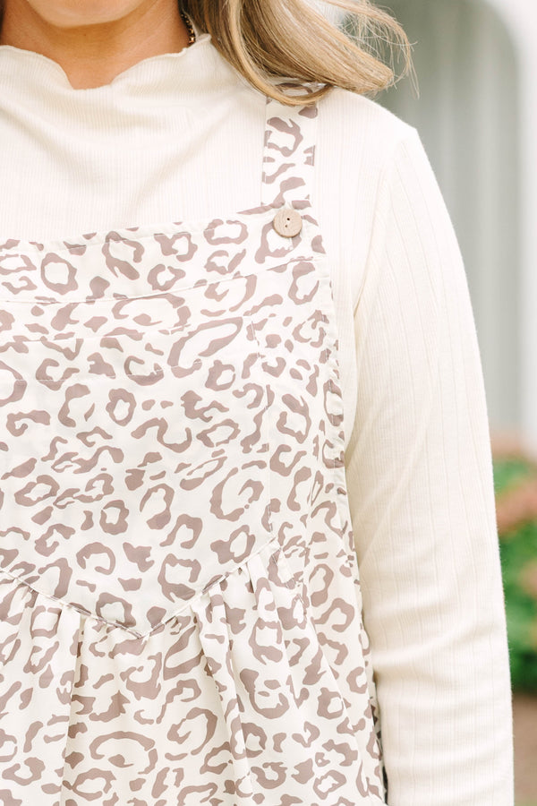 Plus Size light brown leopard print midi dress with a tiered skirt, pinafore style, and pockets.