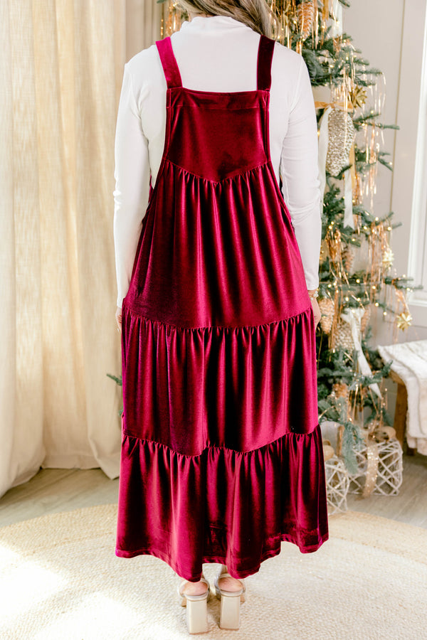 Chic Soul plus size clothing, dark red velvet sleeve less tiered maxi dress with big front pocket 