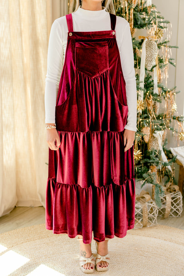 Chic Soul plus size clothing, dark red velvet sleeve less tiered maxi dress with big front pocket 