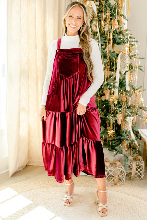 Chic Soul plus size clothing, dark red velvet sleeve less tiered maxi dress with big front pocket 