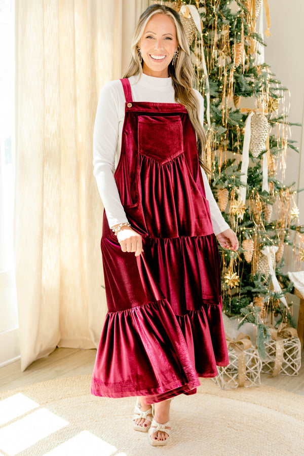 Chic Soul plus size clothing, dark red velvet sleeve less tiered maxi dress with big front pocket 