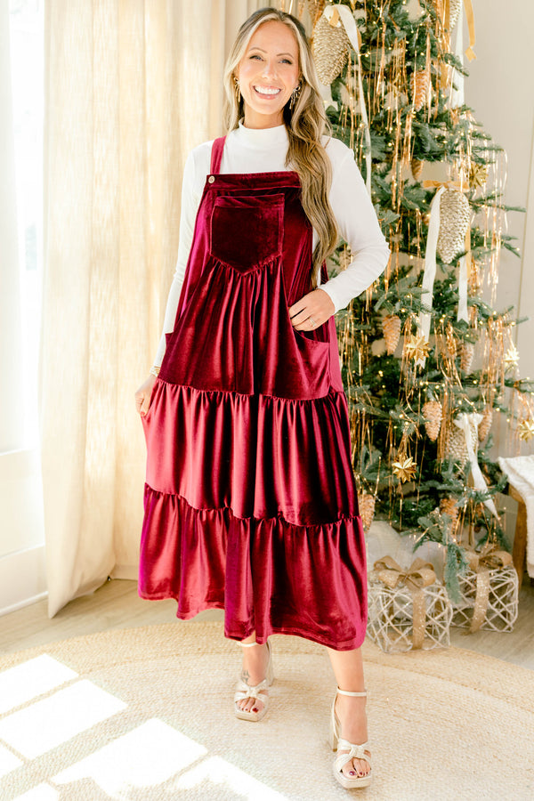 Chic Soul plus size clothing, dark red velvet sleeve less tiered maxi dress with big front pocket 