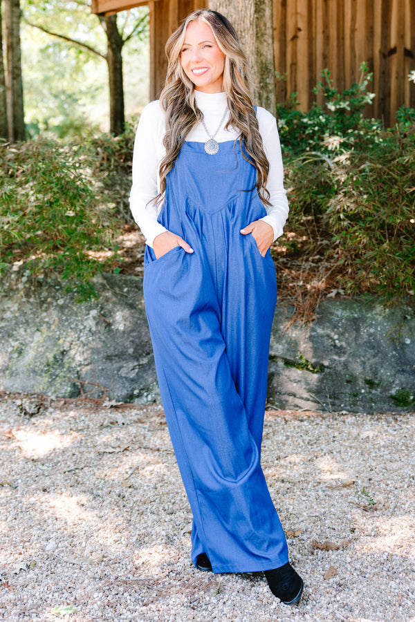 Chic Soul plus size clothing, denim jumpsuit with front pockets and a square neckline 