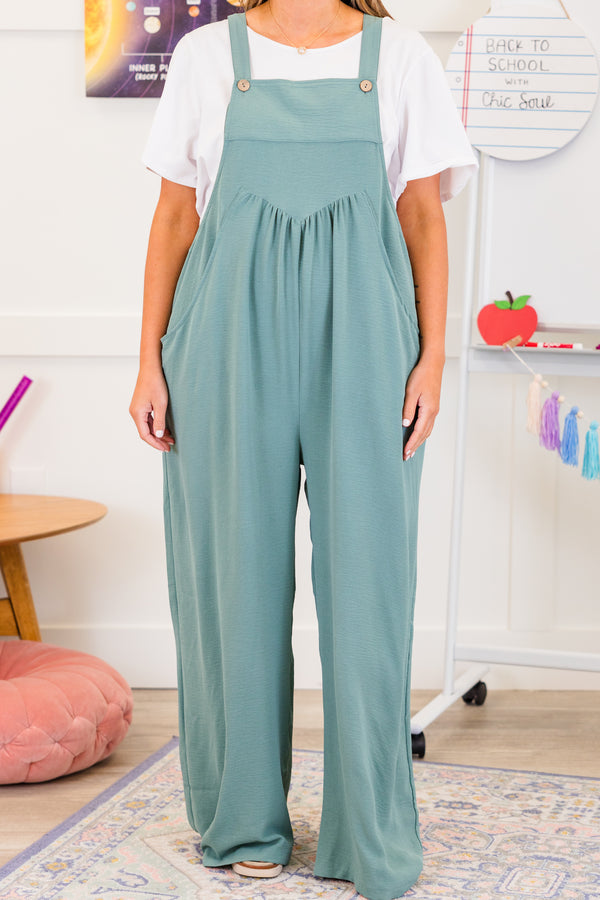 Chic Soul plus size clothing, sleeveless sage green overall jumpsuit with brown buttons and wide pant legs