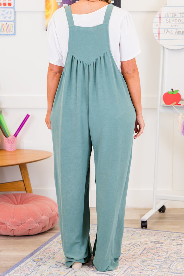 Chic Soul plus size clothing, sleeveless sage green overall jumpsuit with brown buttons and wide pant legs