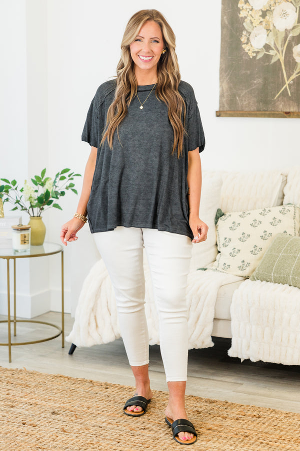Chic Soul plus size clothing, ash black short sleeve plain top with round neckline with outer stitching detail along shoulders 