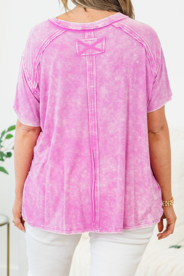 Chic Soul plus size clothing, bright mauve short sleeve top with acid wash detail with round neckline with outer stitch detail along neck and shoulders 