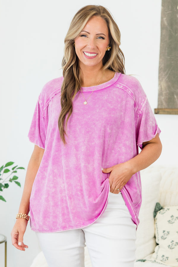 Chic Soul plus size clothing, bright mauve short sleeve top with acid wash detail with round neckline with outer stitch detail along neck and shoulders 