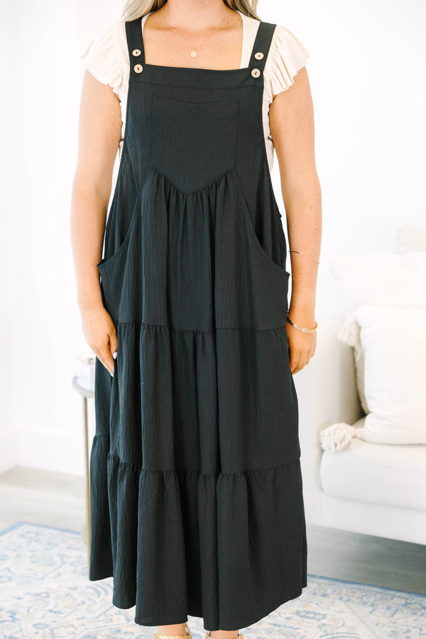 Chic Soul plus size clothing, black overall maxi dress with brown buttons