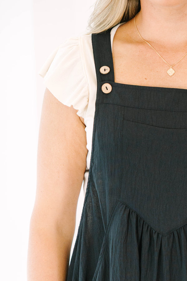Chic Soul plus size clothing, black overall maxi dress with brown buttons