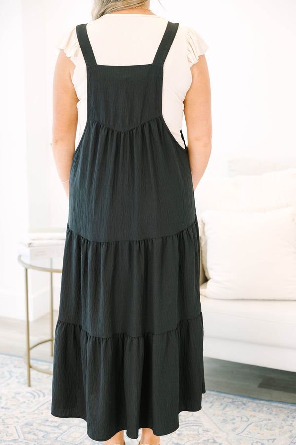 Chic Soul plus size clothing, black overall maxi dress with brown buttons
