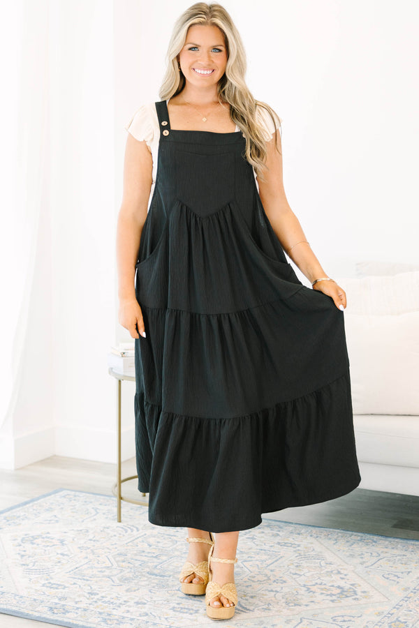 Chic Soul plus size clothing, black overall maxi dress with brown buttons