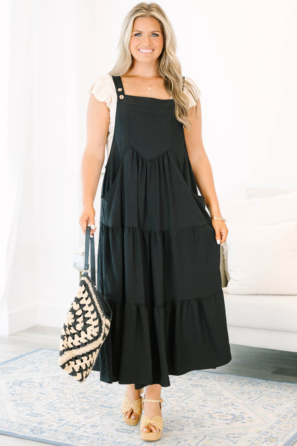 Chic Soul plus size clothing, black overall maxi dress with brown buttons