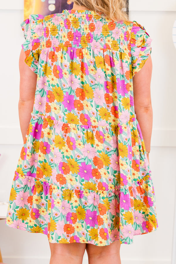 Chic Soul plus size clothing, short-flutter-sleeve pink baby doll dress with v-neckline and bright floral pattern