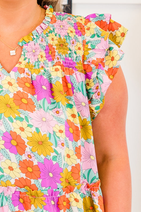 Chic Soul plus size clothing, short-flutter-sleeve pink baby doll dress with v-neckline and bright floral pattern