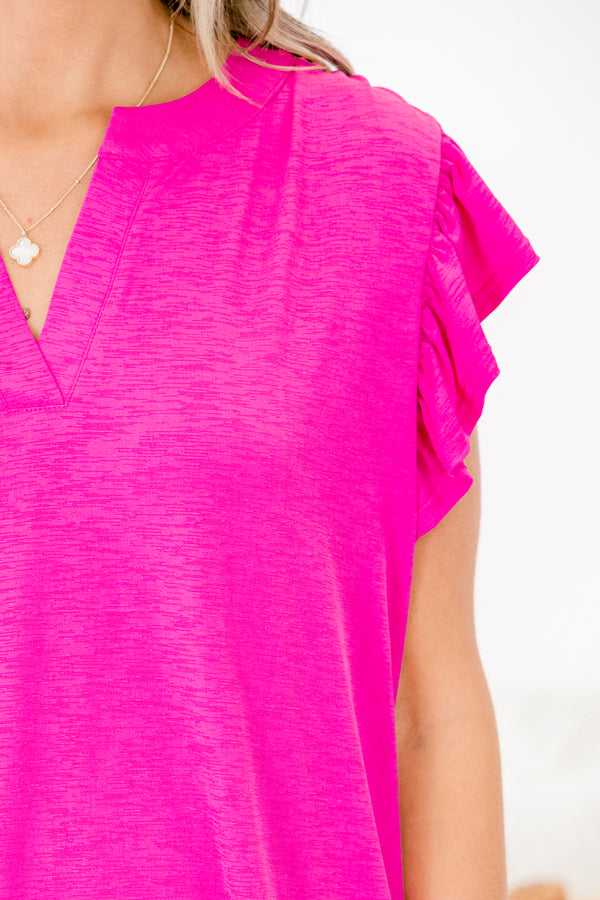Chic Soul plus size clothing, solid hot pink short-flutter sleeve shallow v-neck top