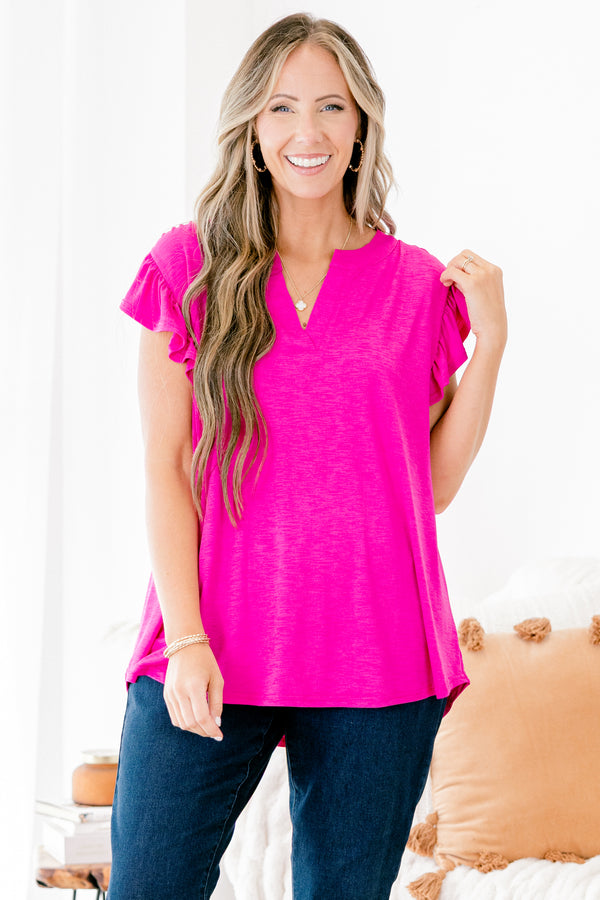 Chic Soul plus size clothing, solid hot pink short-flutter sleeve shallow v-neck top