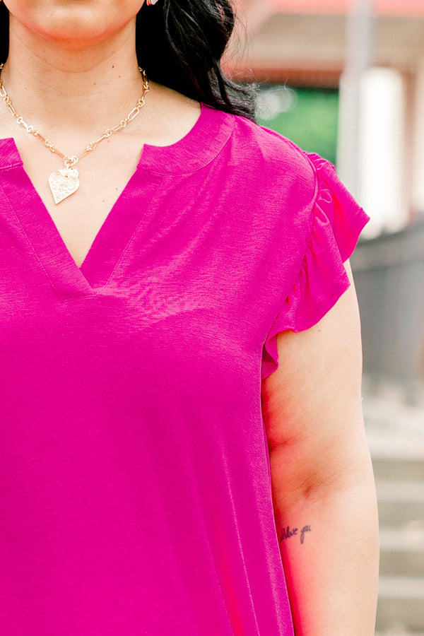 Chic Soul plus size clothing, solid hot pink short-flutter sleeve shallow v-neck top