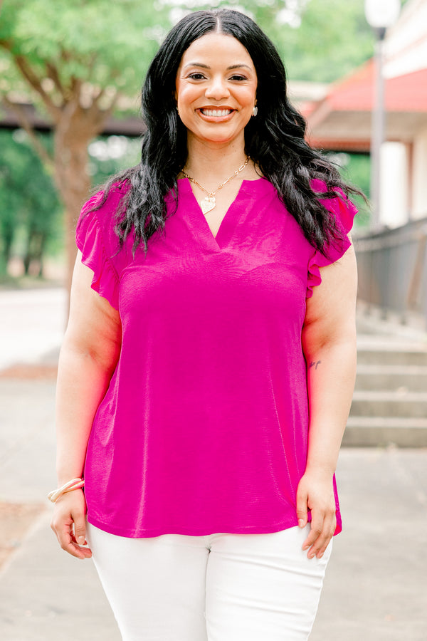 Chic Soul plus size clothing, solid hot pink short-flutter sleeve shallow v-neck top