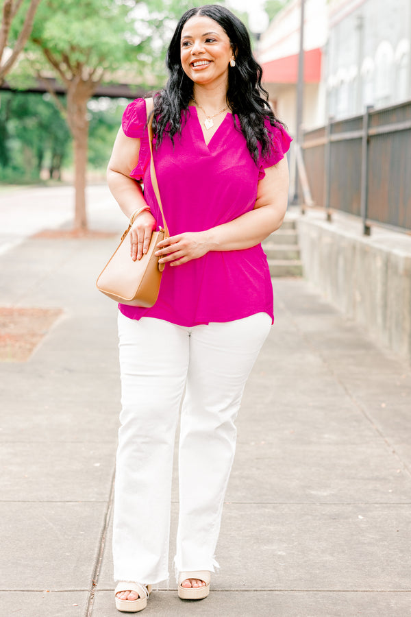 Chic Soul plus size clothing, solid hot pink short-flutter sleeve shallow v-neck top