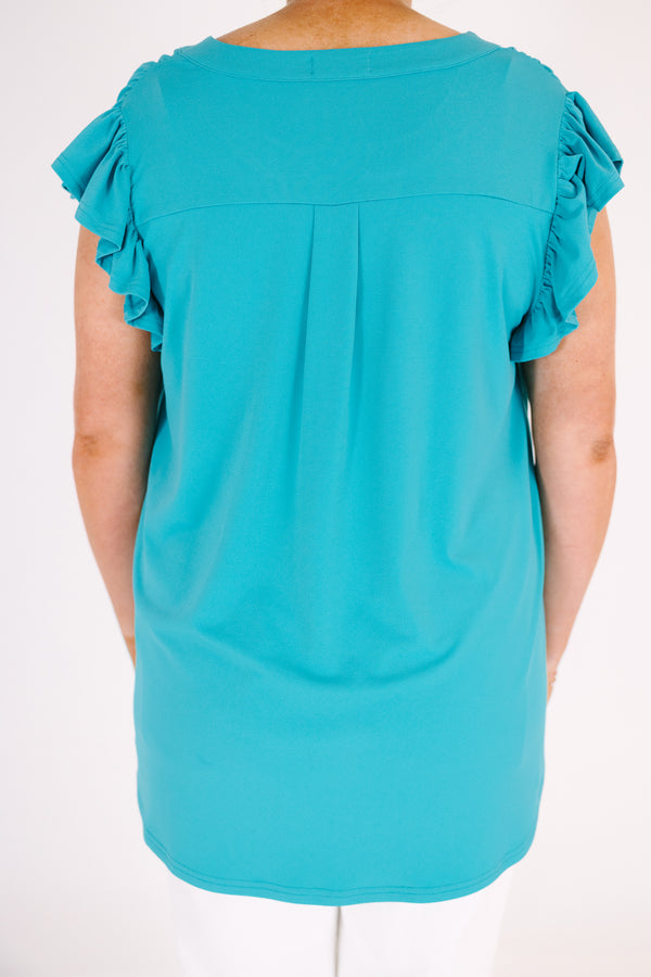 Chic Soul plus size clothing, teal short flutter sleeve casual top with v-neckline