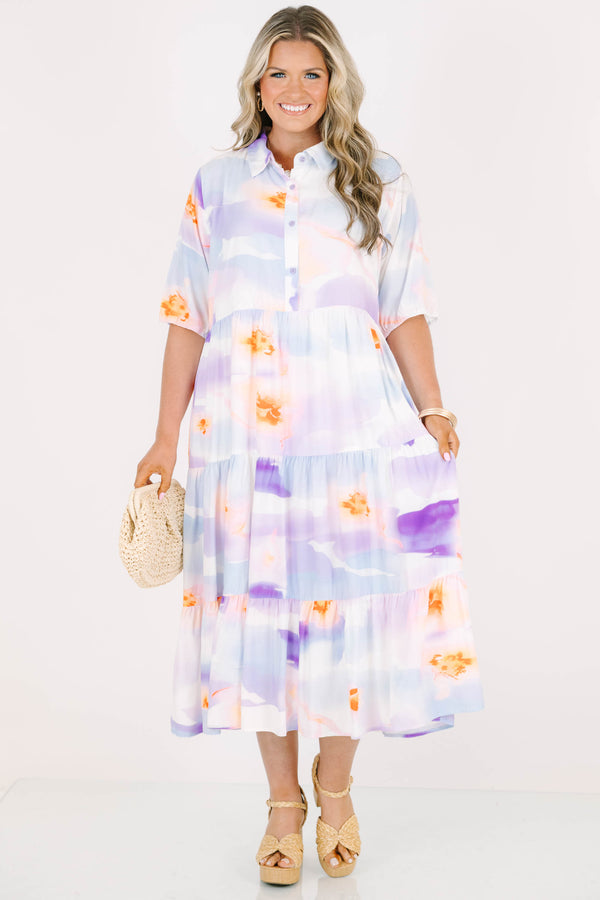 Plus Size purple tiered midi dress with a collared neckline, short sleeves, and abstract print.
