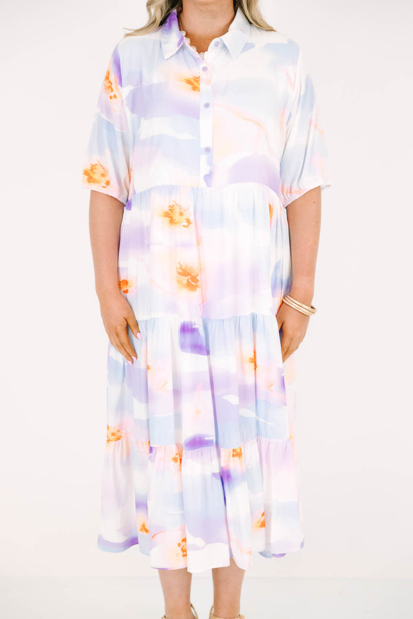 Plus Size purple tiered midi dress with a collared neckline, short sleeves, and abstract print.