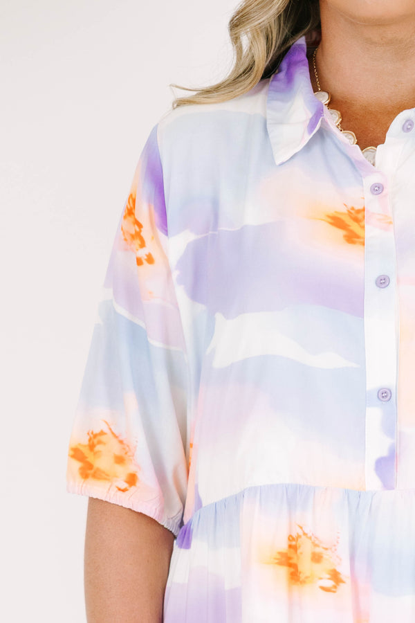 Plus Size purple tiered midi dress with a collared neckline, short sleeves, and abstract print.