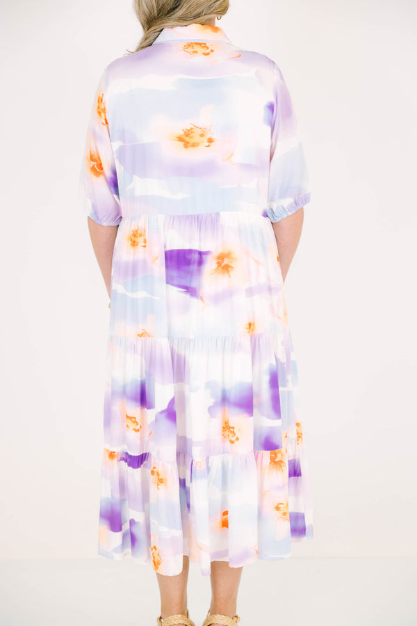 Plus Size purple tiered midi dress with a collared neckline, short sleeves, and abstract print.