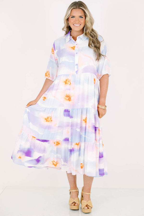 Plus Size purple tiered midi dress with a collared neckline, short sleeves, and abstract print.