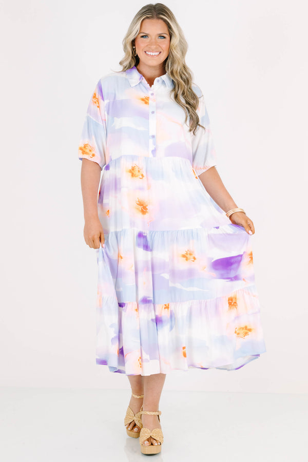 Plus Size purple tiered midi dress with a collared neckline, short sleeves, and abstract print.
