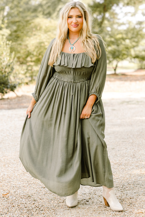 Chic Soul plus size clothing, green maxi dress with long sleeves and a square neckline that has a ruffle detail on the neckline