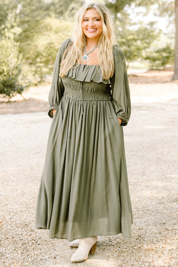 Chic Soul plus size clothing, green maxi dress with long sleeves and a square neckline that has a ruffle detail on the neckline 