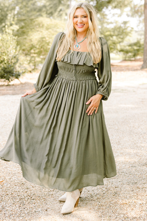 Chic Soul plus size clothing, green maxi dress with long sleeves and a square neckline that has a ruffle detail on the neckline 
