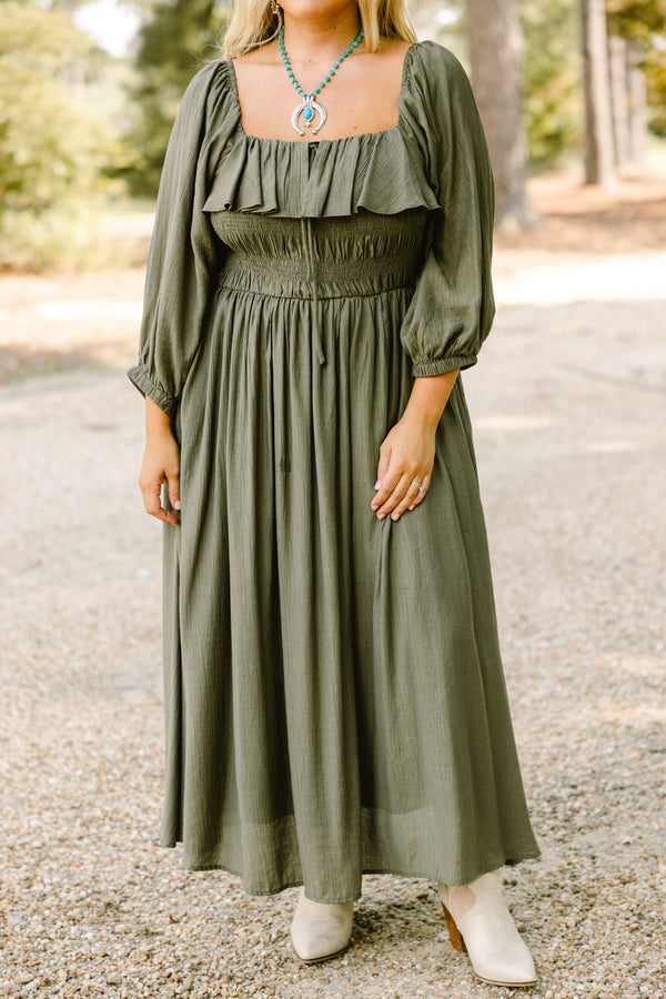 Chic Soul plus size clothing, green maxi dress with long sleeves and a square neckline that has a ruffle detail on the neckline 