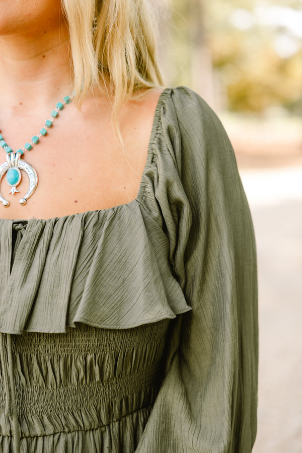 Chic Soul plus size clothing, green maxi dress with long sleeves and a square neckline that has a ruffle detail on the neckline 