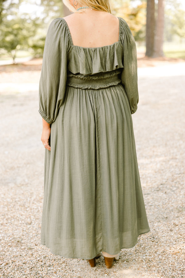 Chic Soul plus size clothing, green maxi dress with long sleeves and a square neckline that has a ruffle detail on the neckline 